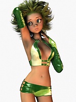 A perfect 3D girl in her shiny green tight shorts